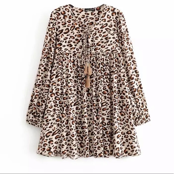 Boho Leopard Print Peasant Tunic Print Dress - Picture 2 of 6